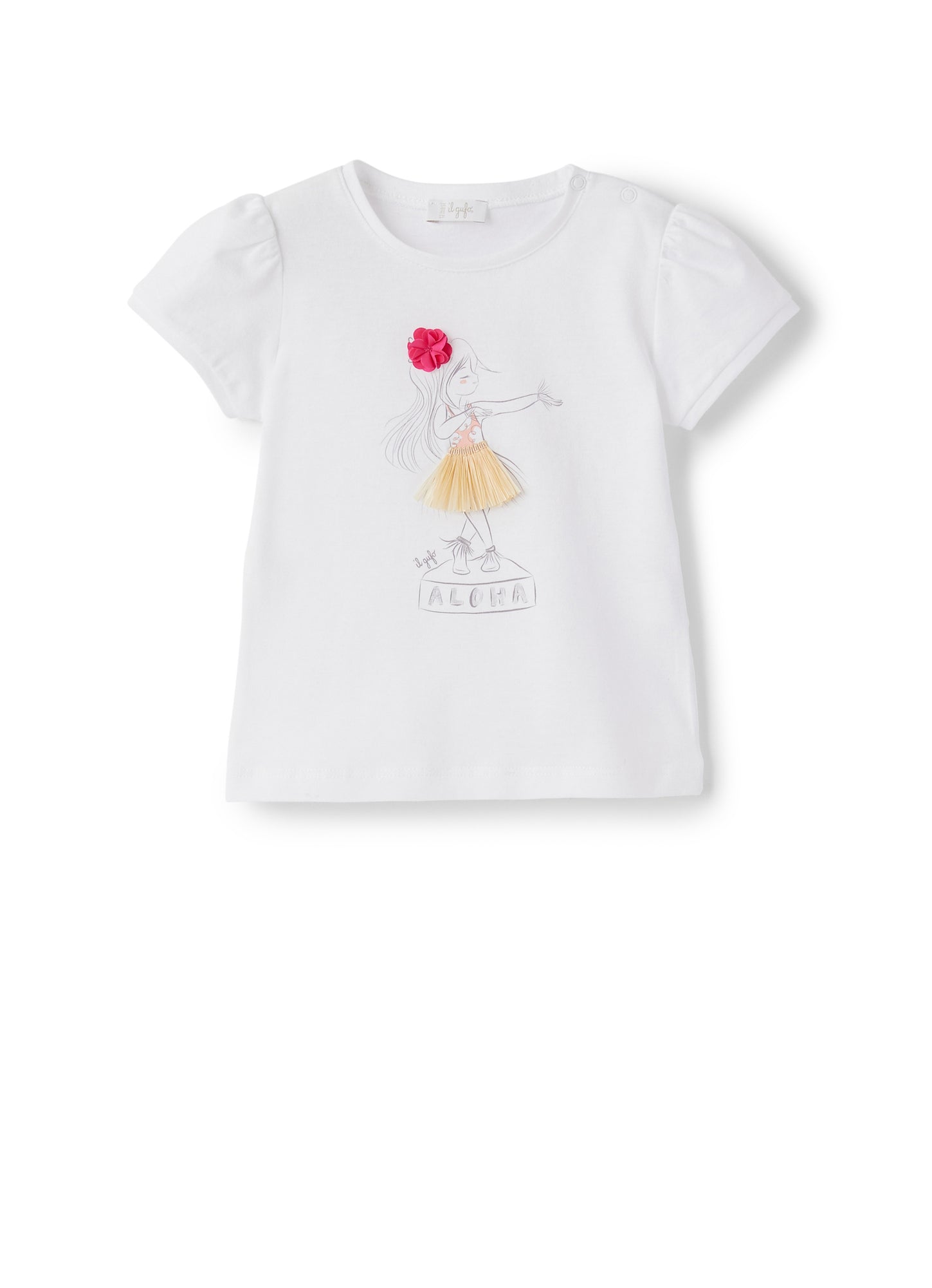 Short Sleeve T-Shirt with Flowers Application | White/Fuxia