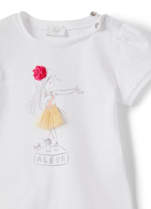 Short Sleeve T-Shirt with Flowers Application | White/Fuxia