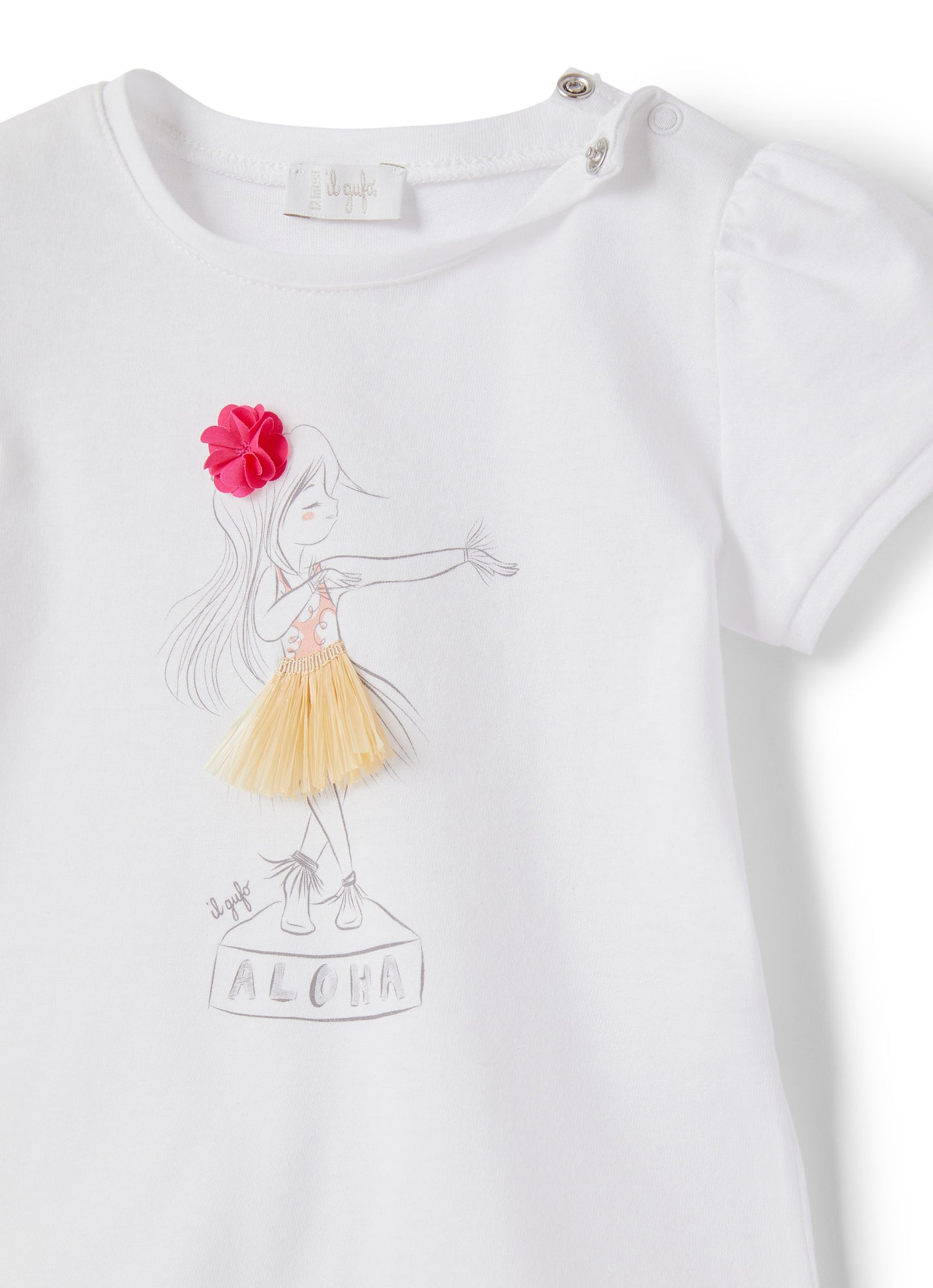 Short Sleeve T-Shirt with Flowers Application | White/Fuxia