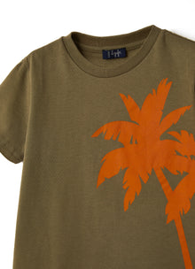 Boys | Short Sleeve T-Shirt with Palm Tree Print | Militare Caco