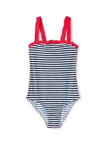 Striped One-Piece Swimsuit with Ruffles | White/Blue