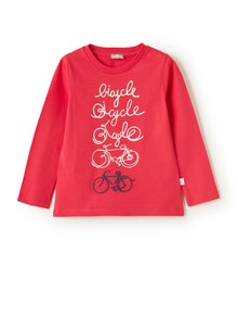 Jersey T-Shirt with Bicycle Print | Rosso Carminio/Latte