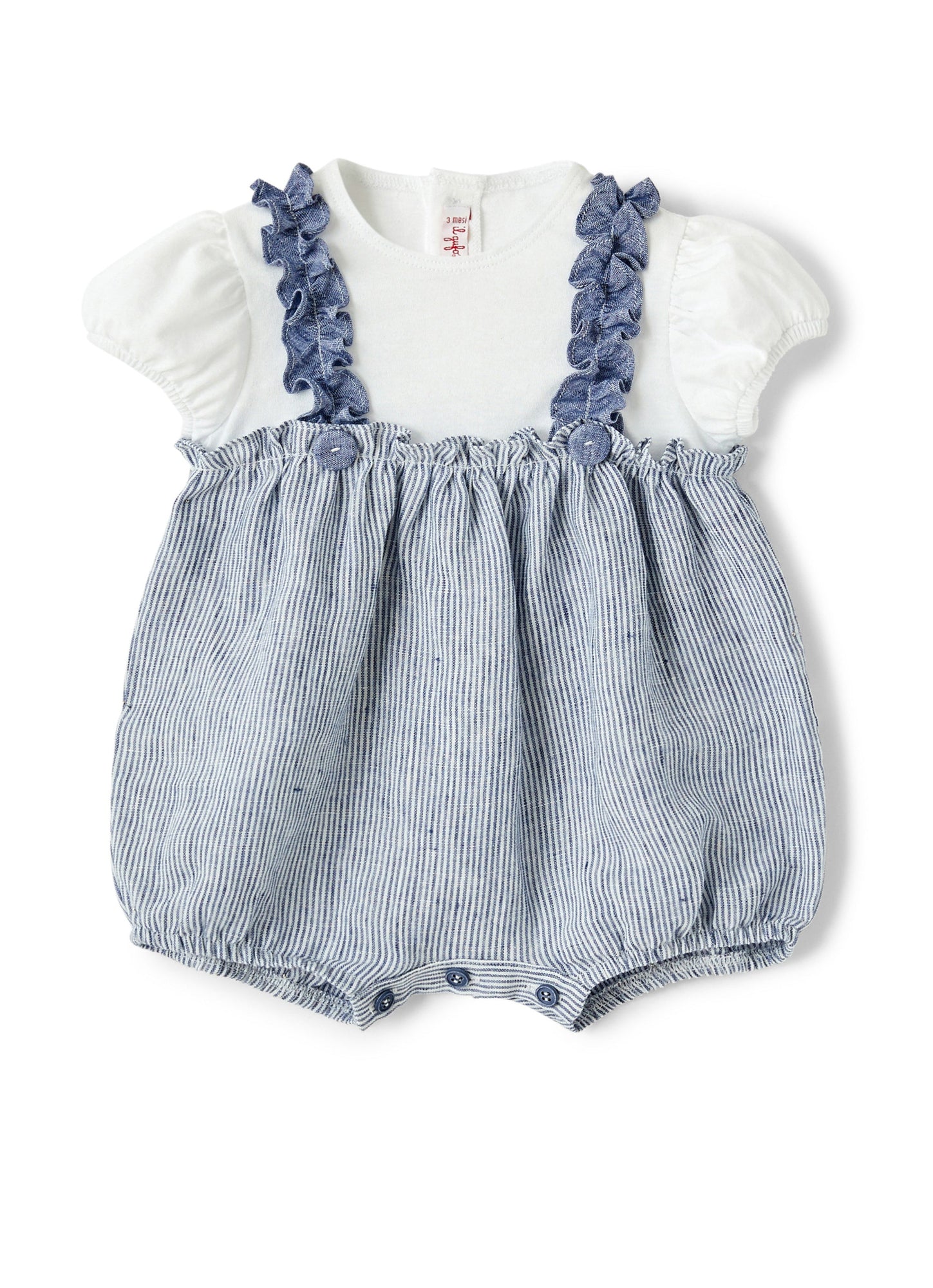 Baby Girls | Striped Linen Romper with Ruffles | Sky Blue Scuro