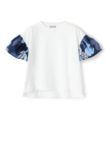 T-Shirt with Patterned Ruffle Sleeves | Bianco/Blue Denim