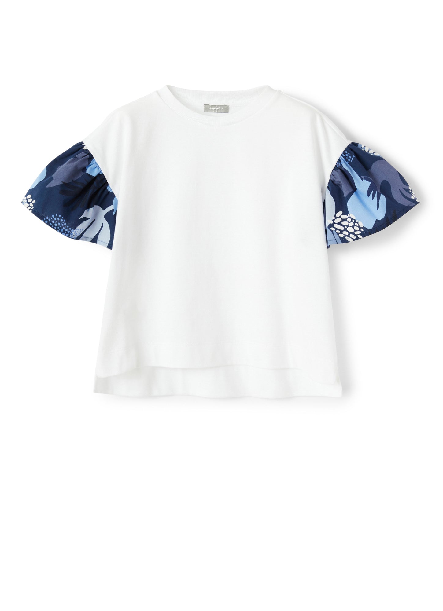 T-Shirt with Patterned Ruffle Sleeves | Bianco/Blue Denim