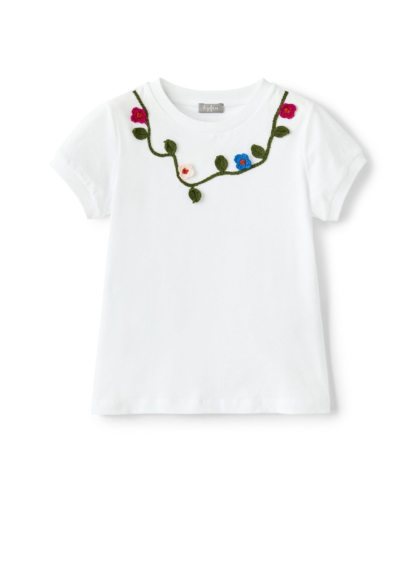 Girls | T-Shirt with Crochet Flowers | White Green