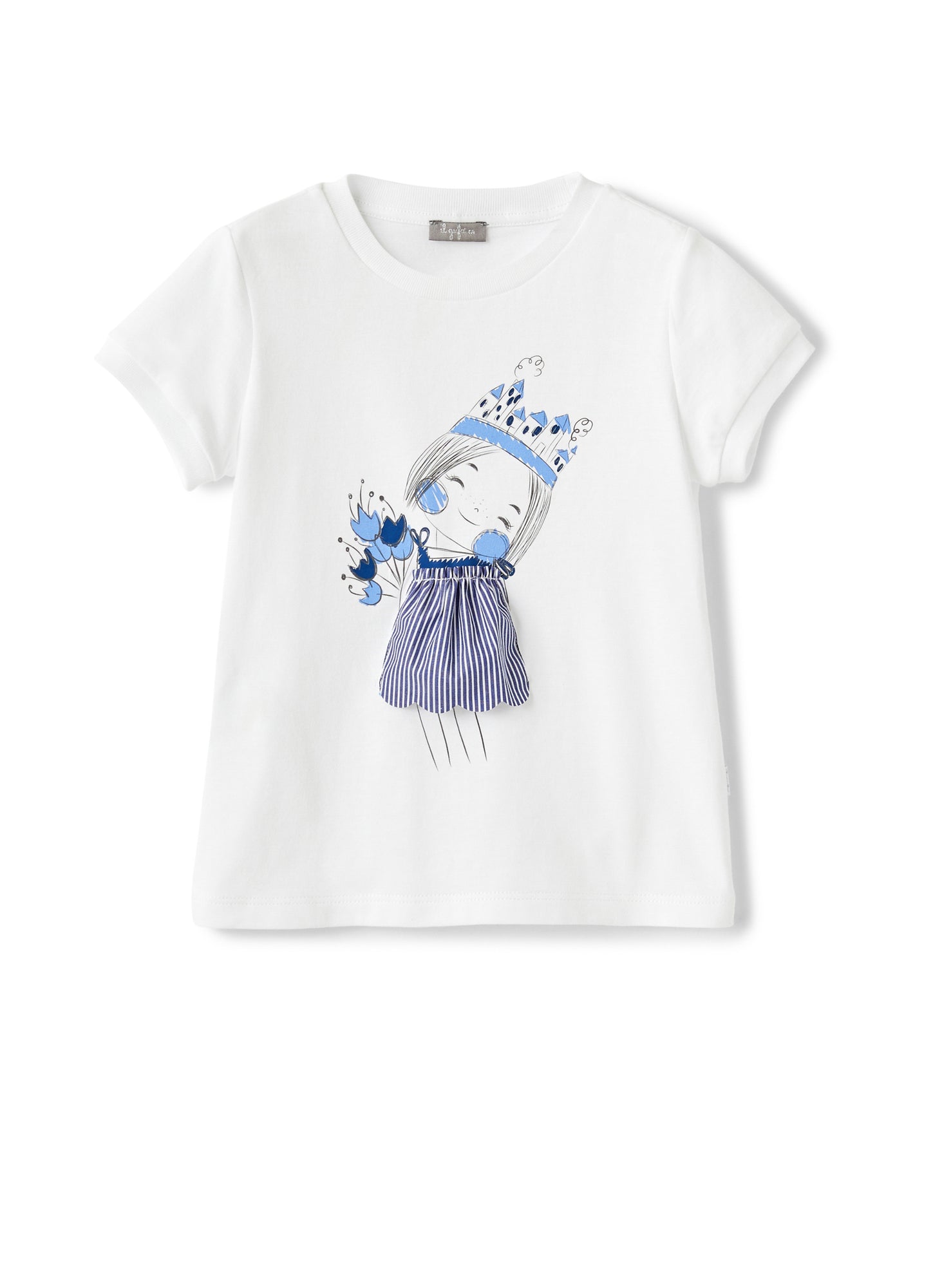 Girls | Striped Jersey T-Shirt with Little Girl | White Blue Denim Riga Larga