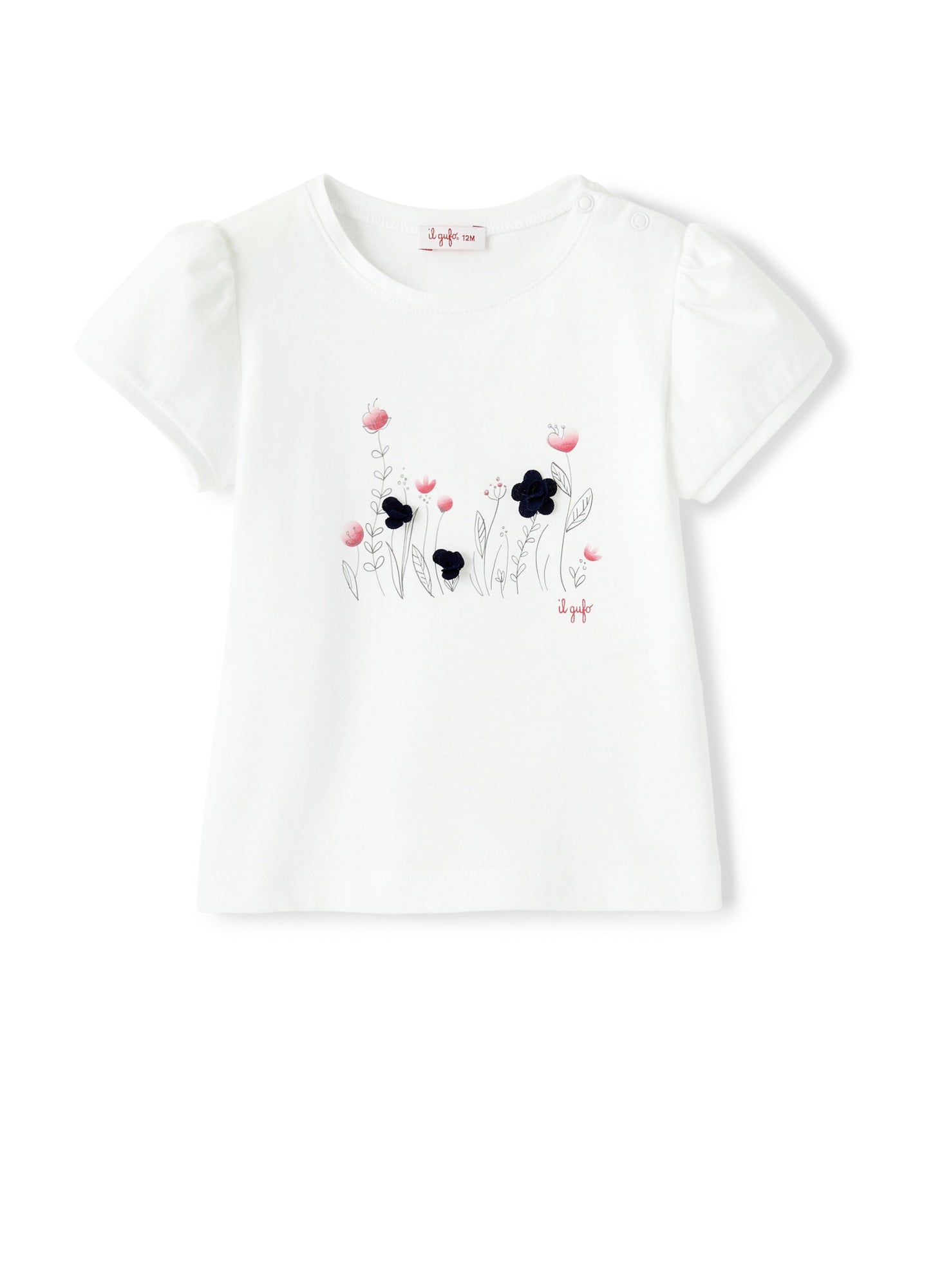 Baby Girls | T-Shirt with Flowers and Puff Sleeves | White Blue