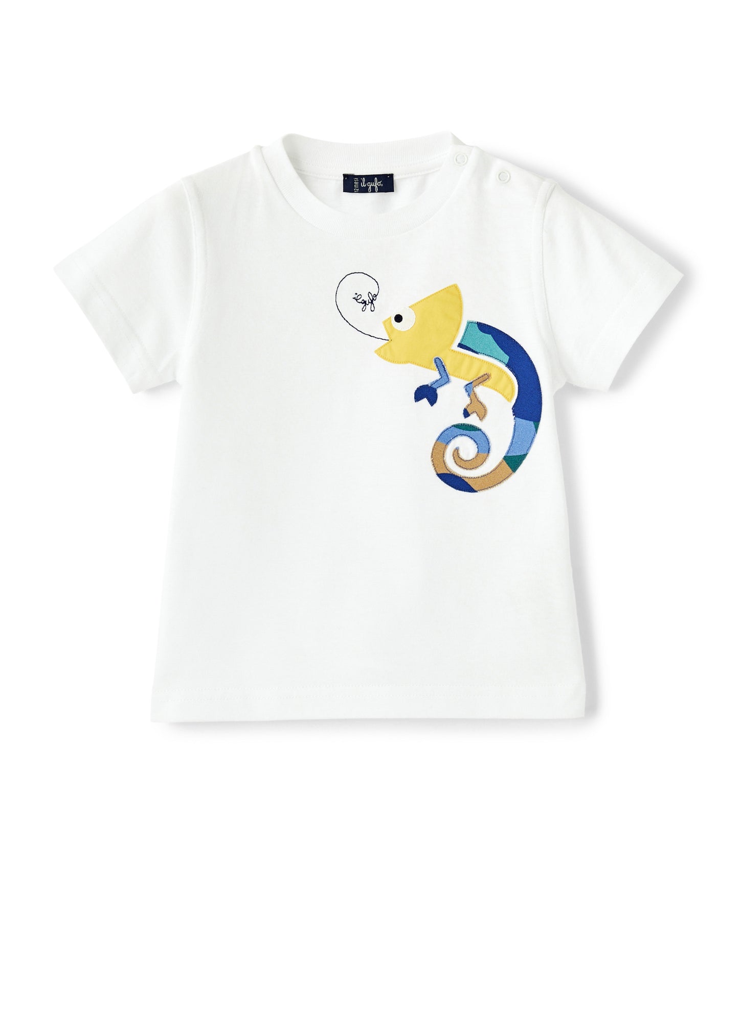 Boys | T-Shirt with Patterned Chameleon | White Blue Denim Riga Larga