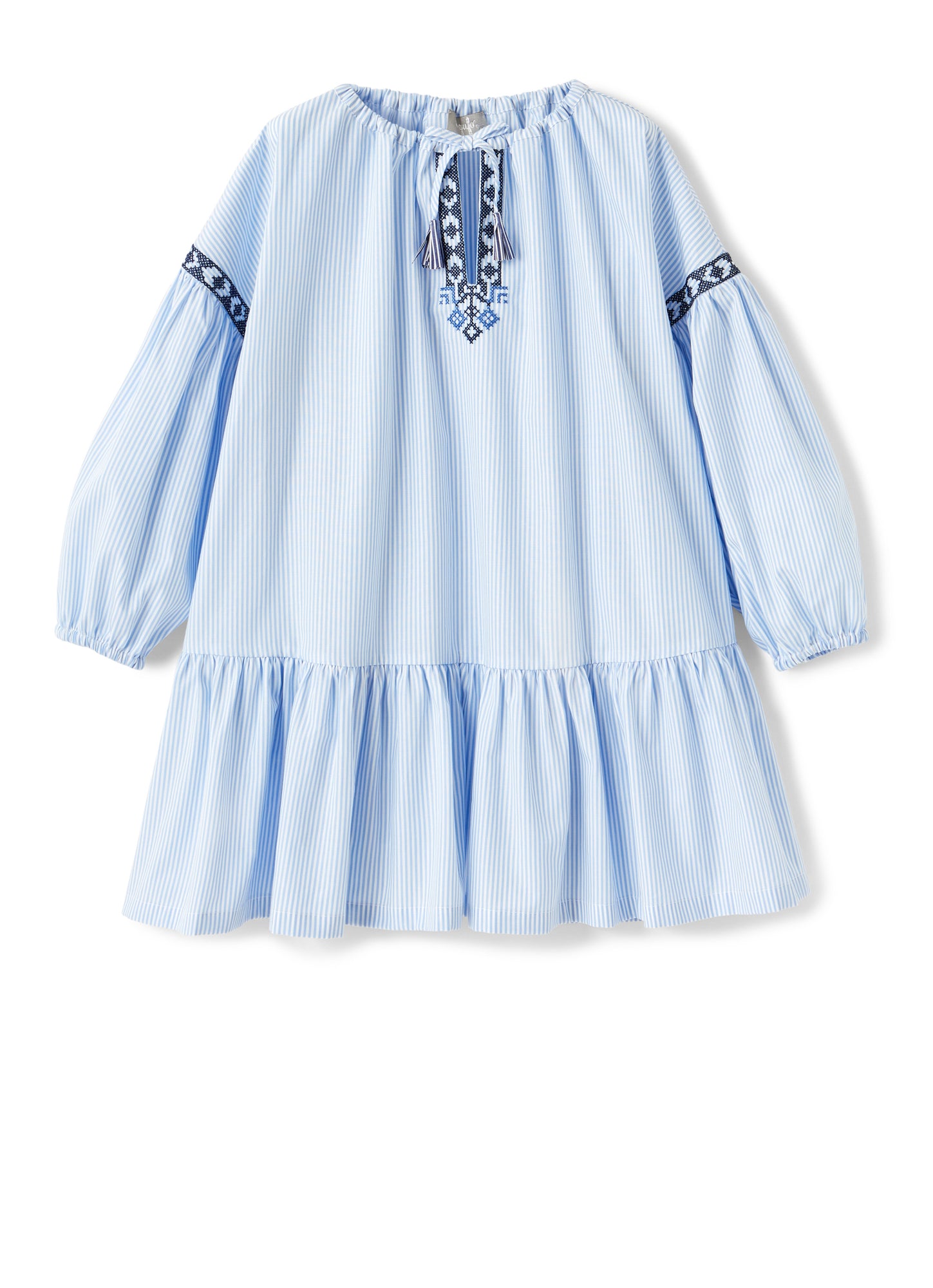 Striped Dress with Folk Embroidery | Light Blue