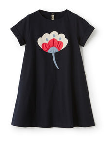 Jersey Dress with Flower | Blue/Rosso Carminio