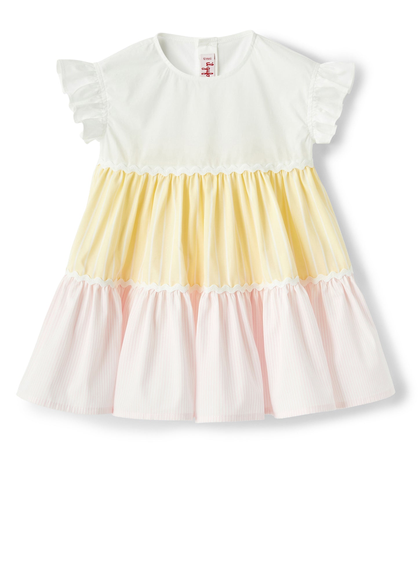 Dress with MultiColor Striped Flounces | Banana/Rosa Perla