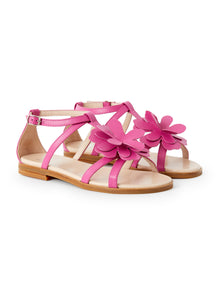 Leather Sandals with Flower | Fuxia