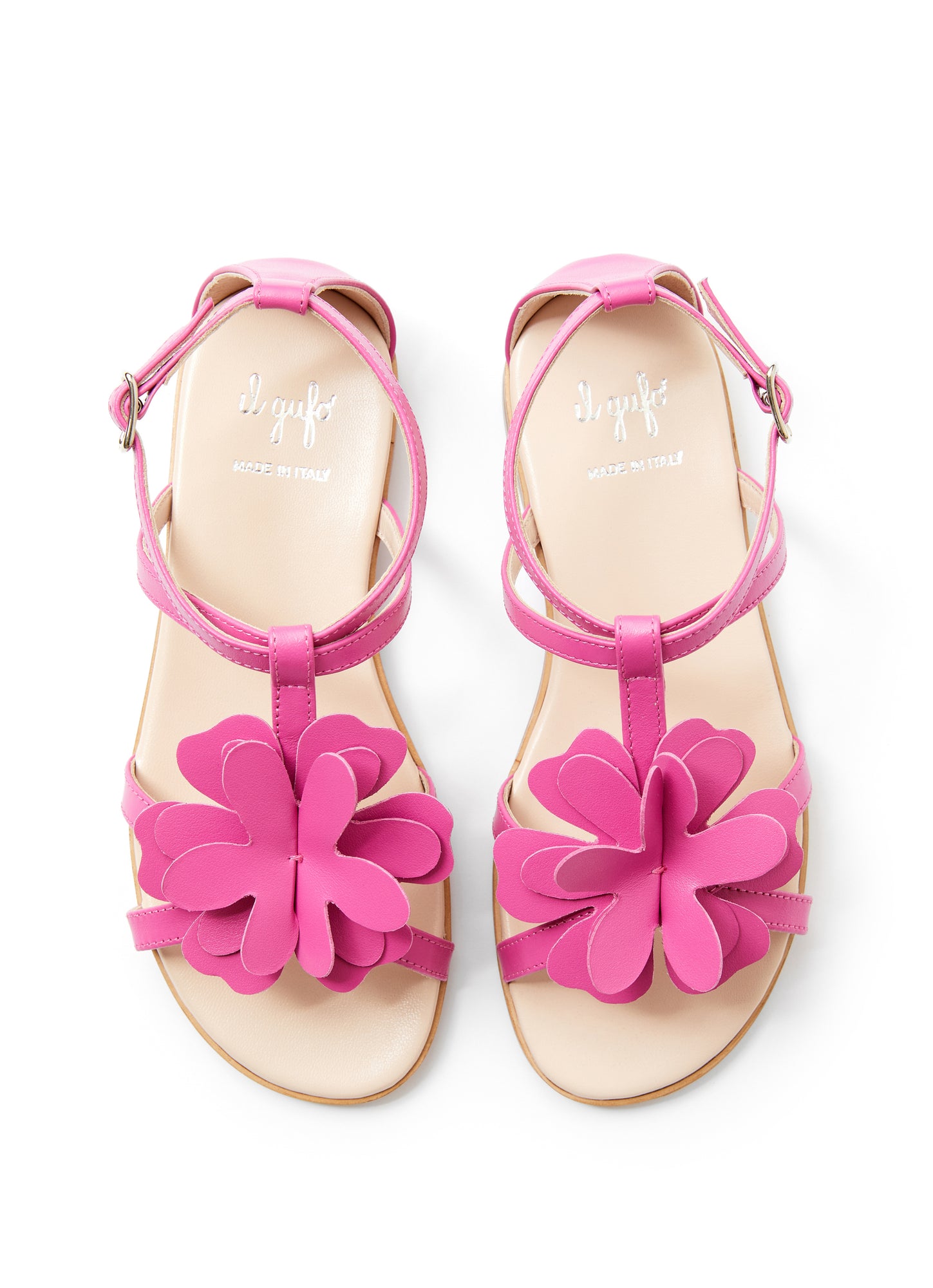 Leather Sandals with Flower | Fuxia