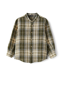 Mandarin-Collar Shirt in Madras-Patterned Linen | Olive Green