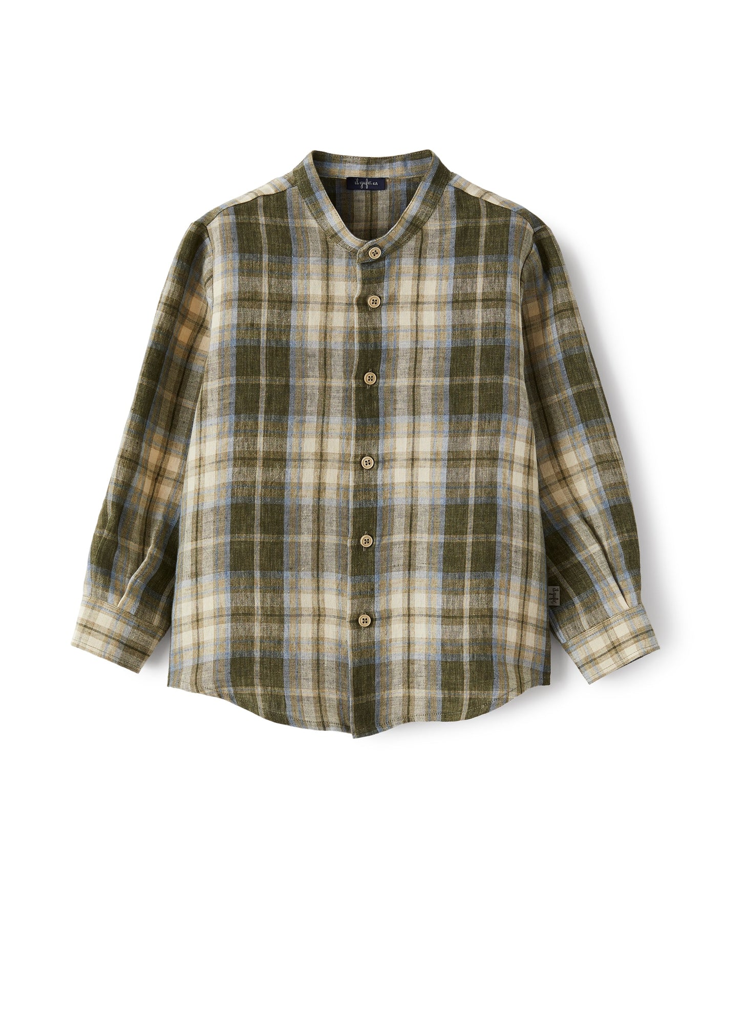Mandarin-Collar Shirt in Madras-Patterned Linen | Olive Green