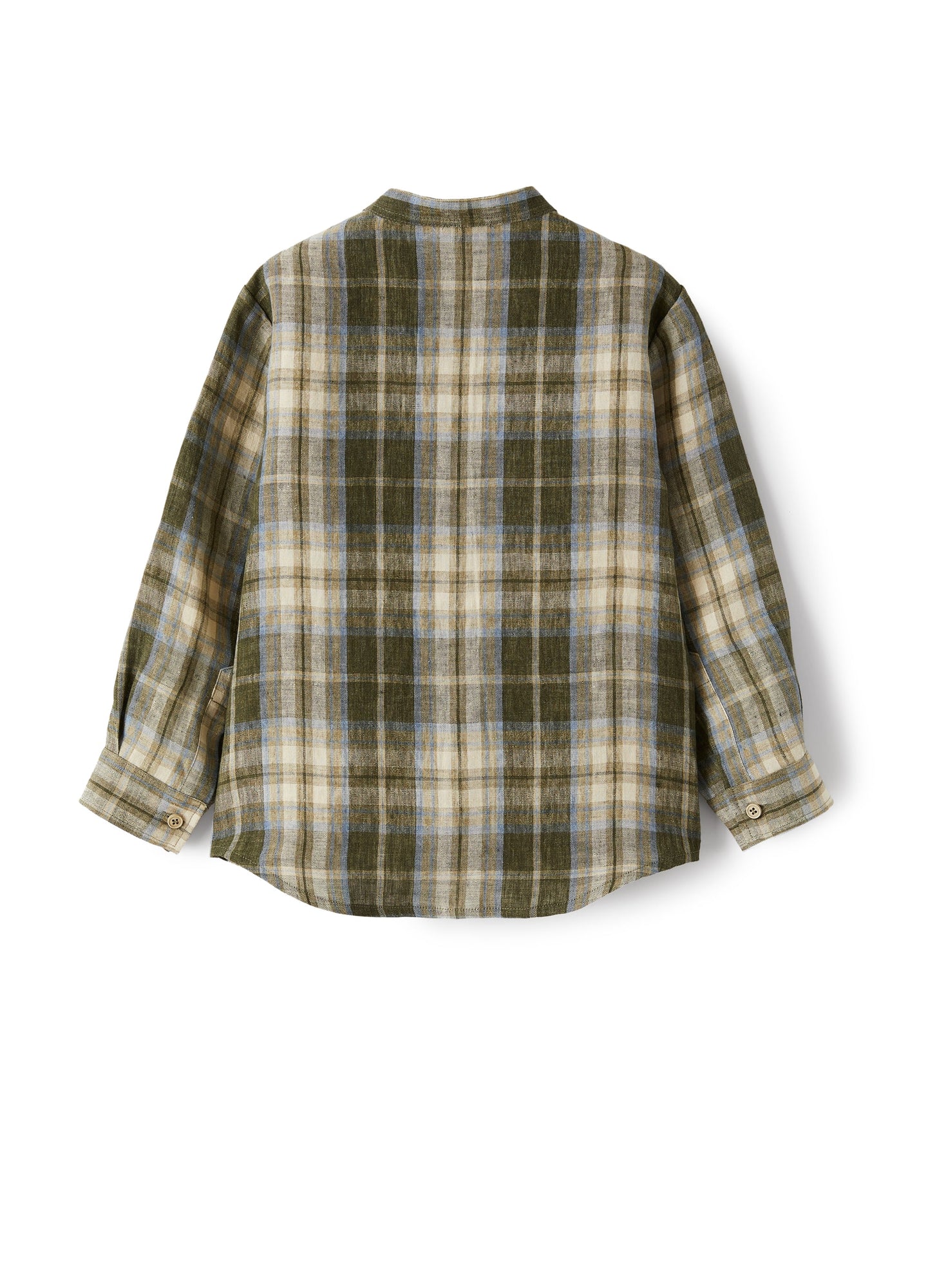 Mandarin-Collar Shirt in Madras-Patterned Linen | Olive Green