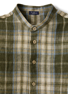 Mandarin-Collar Shirt in Madras-Patterned Linen | Olive Green