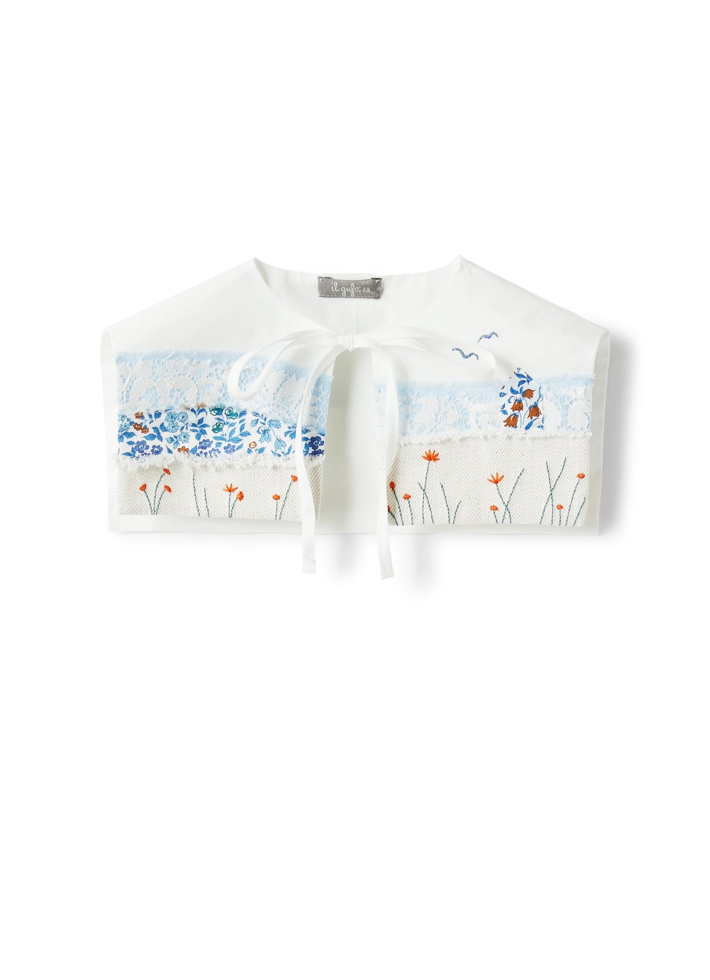Detachable Collar in Embroided Poplin | White/Airforce Blue