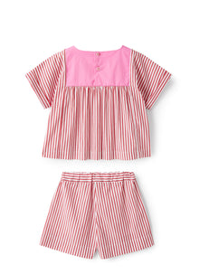 Two-Piece Set in Striped Cotton | Goji Red/Rosehip Pink