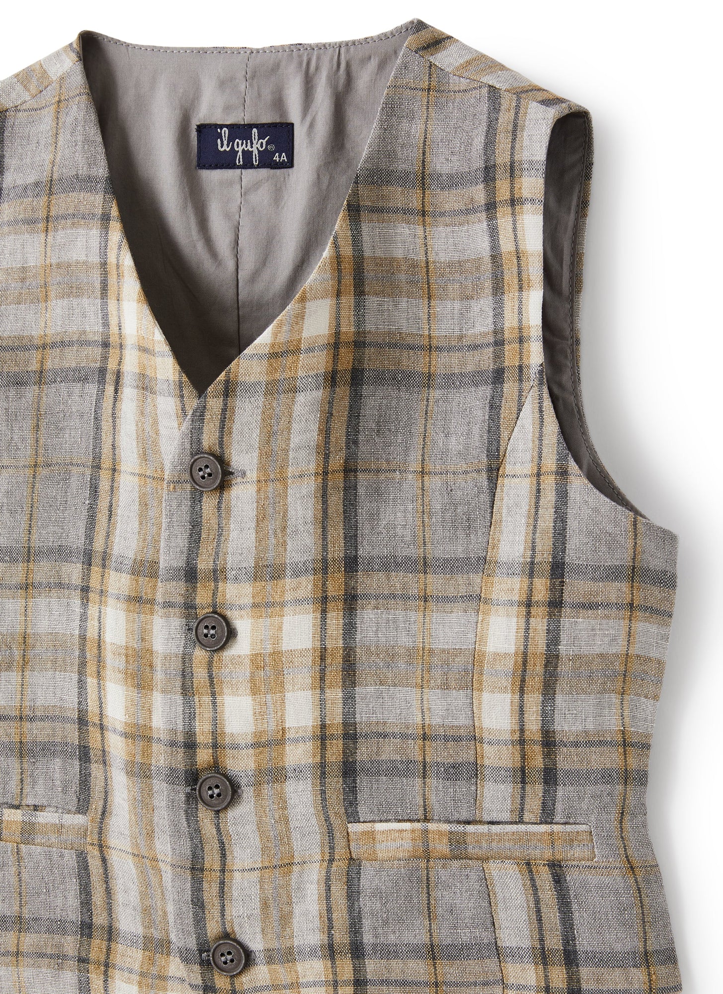 Waistcoat in Madras-Patterned Linen | Dark Beige