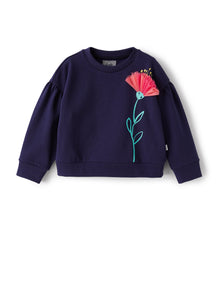 Round-Neck Sweatshirt with Flower Print | Blue Marine/Anemone Pink