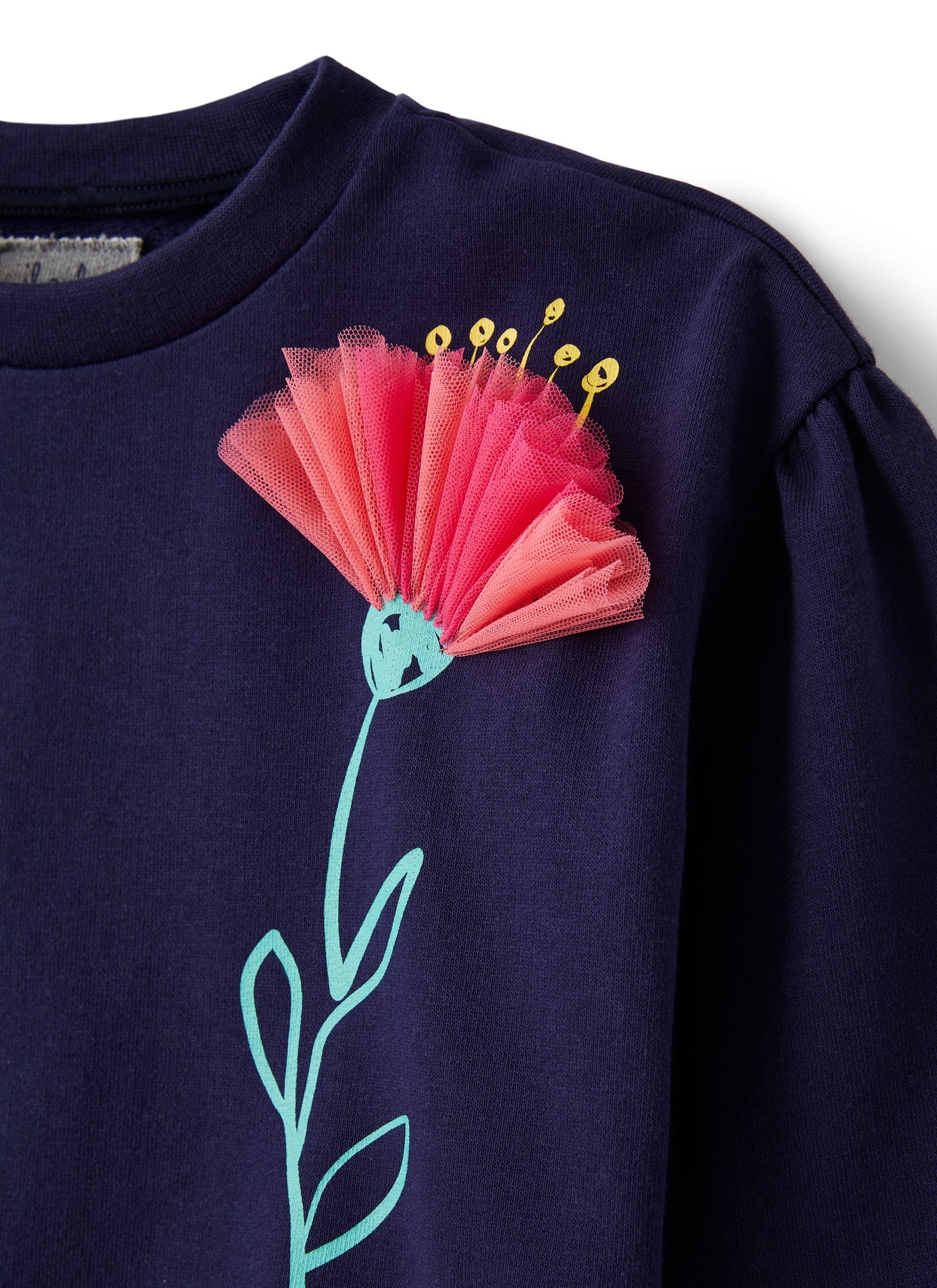 Round-Neck Sweatshirt with Flower Print | Blue Marine/Anemone Pink