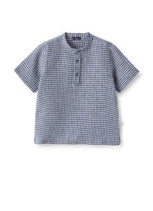 Mandarin-Collar Polo Shirt in Linen | Blue Elettrico Quadretto