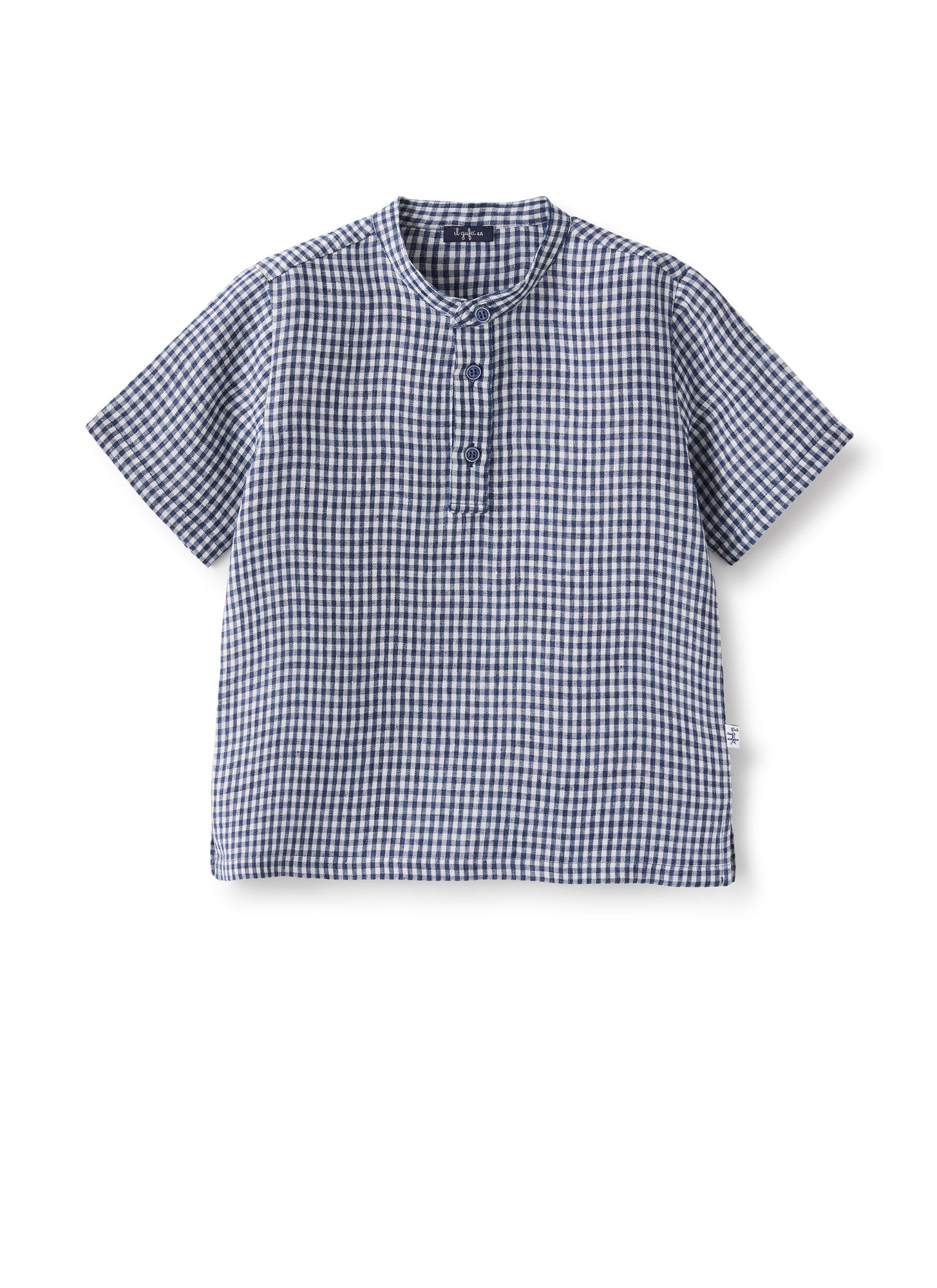 Mandarin-Collar Polo Shirt in Linen | Blue Elettrico Quadretto