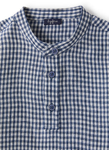 Mandarin-Collar Polo Shirt in Linen | Blue Elettrico Quadretto