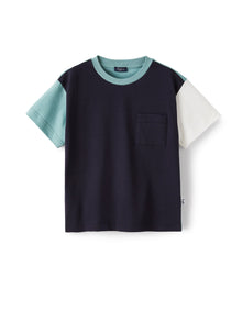 Jersey T-Shirt with Color-Block Pattern | Blue/Sage Green
