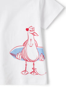 Jersey T-Shirt with Seagull Print | White/Red