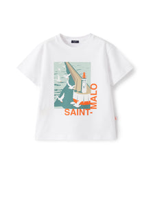 Jersey T-Shirt with Saint-Malo Print | White/Orange