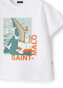 Jersey T-Shirt with Saint-Malo Print | White/Orange
