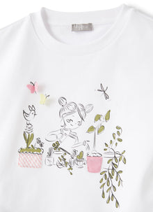T-Shirt with Print of Little Girl | White/Salvia