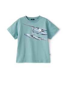 Jersey T-Shirt with Helicopter Print | Sage Green/Sky Blue