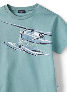 Jersey T-Shirt with Helicopter Print | Sage Green/Sky Blue