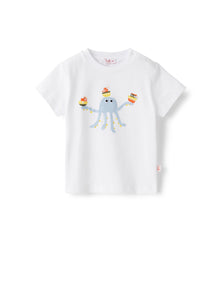 T-Shirt with Appliqued Octopus | White/Powder Blue