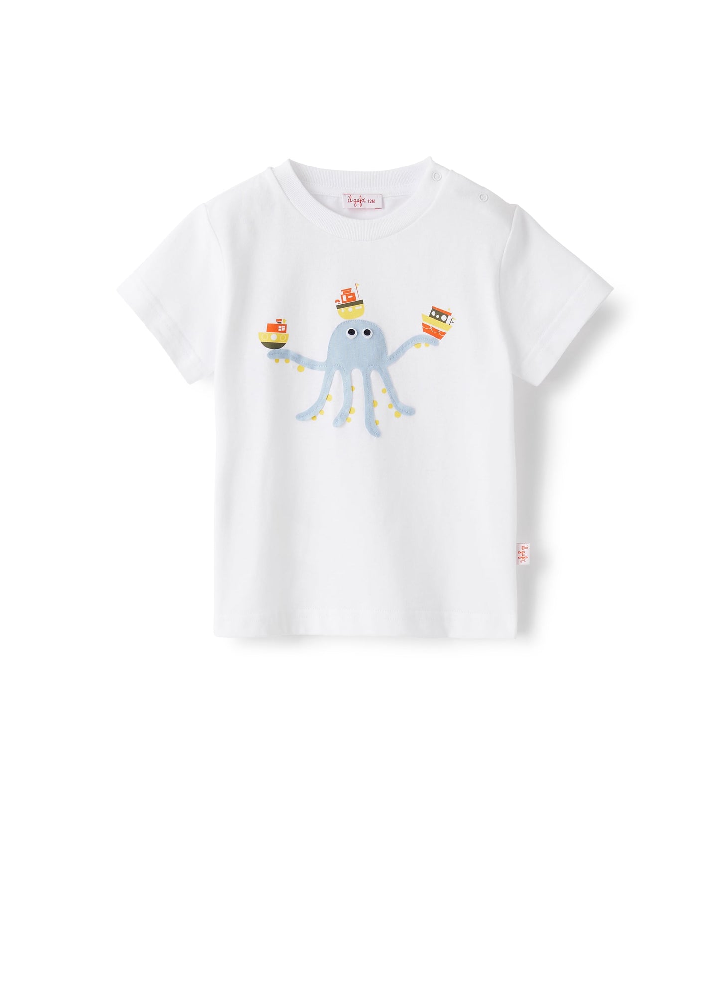 T-Shirt with Appliqued Octopus | White/Powder Blue