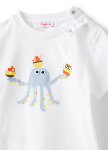 T-Shirt with Appliqued Octopus | White/Powder Blue