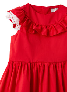 Sateen Dress with Ruffle Detail | Goji Red/White