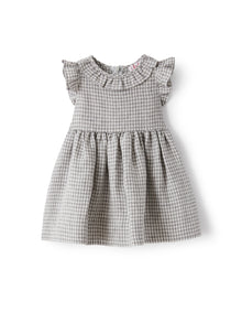 Baby Girls Dress in Chequered Linen | Stone Grey Check
