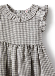 Baby Girls Dress in Chequered Linen | Stone Grey Check