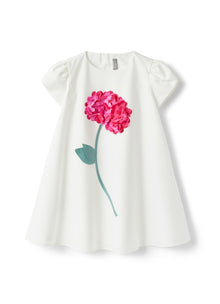 Sateen Dress with Flower Detail | White/Fuxia