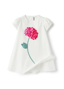 Sateen Dress with Flower Detail | White/Fuxia