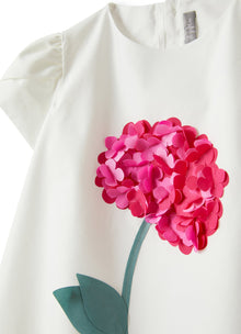 Sateen Dress with Flower Detail | White/Fuxia