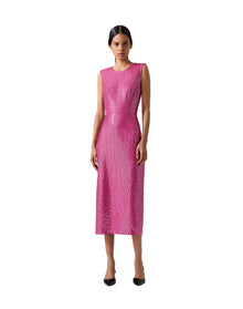 Embroidered Sleeveless Crewneck Midi Dress | Cerise Pink
