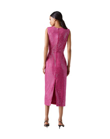Embroidered Sleeveless Crewneck Midi Dress | Cerise Pink