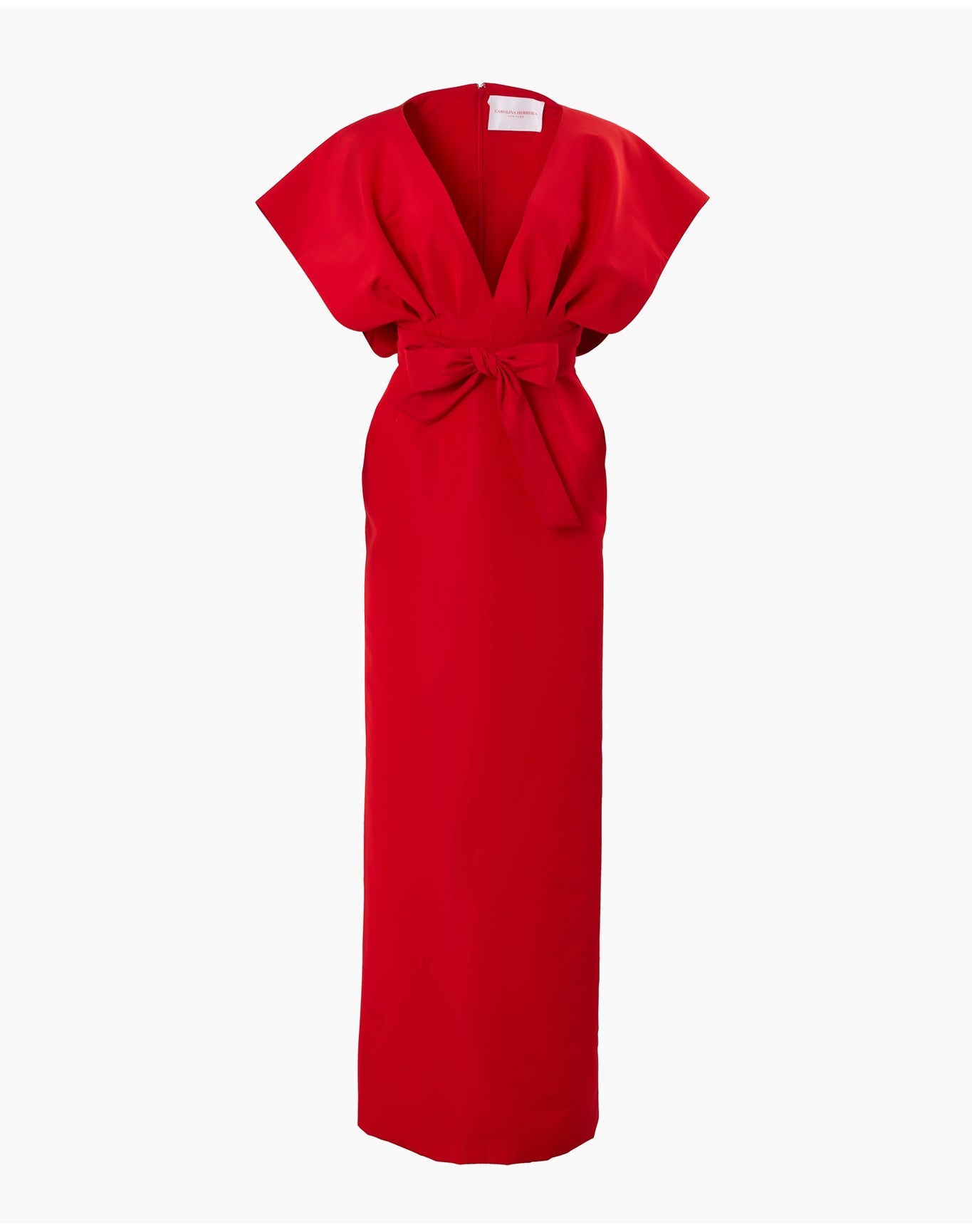 V-Neck Fan Bodice Column Gown with Waist Bow | Lacquer Red