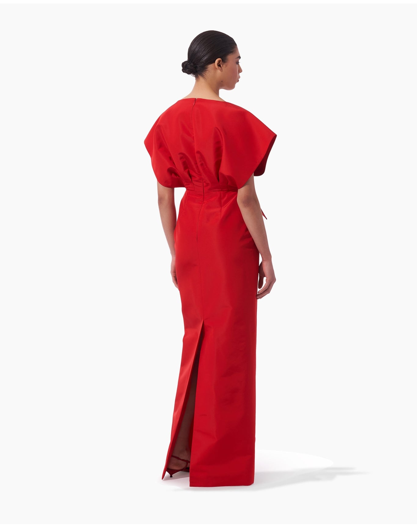 V-Neck Fan Bodice Column Gown with Waist Bow | Lacquer Red